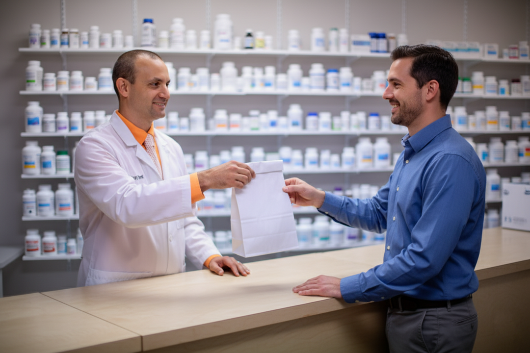 Garrette handing prescription to patient